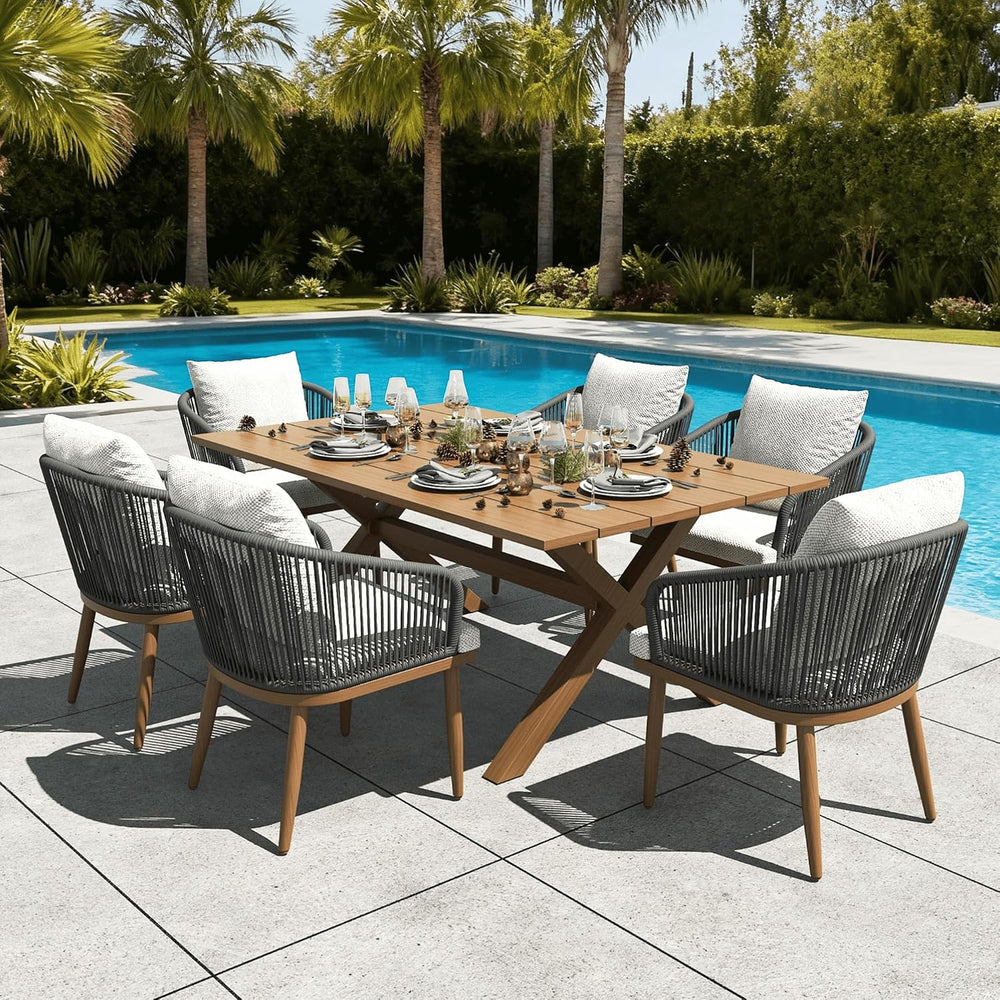7 Pieces Outdoor Patio Dining Set, Aluminium Rectangular Dining Table and Wic...