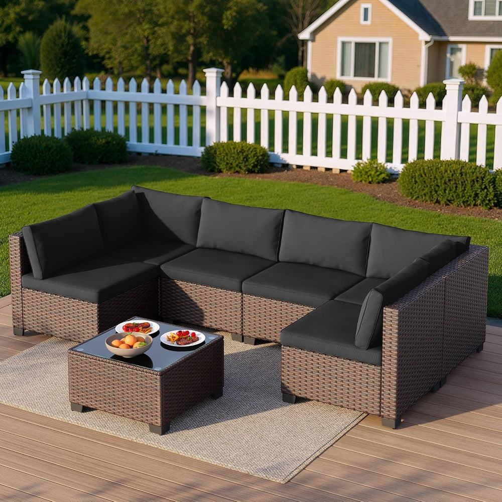 Qsun 7-Piece Patio Furniture Set, Outdoor PE Rattan Sectional Sofa with Cushi...