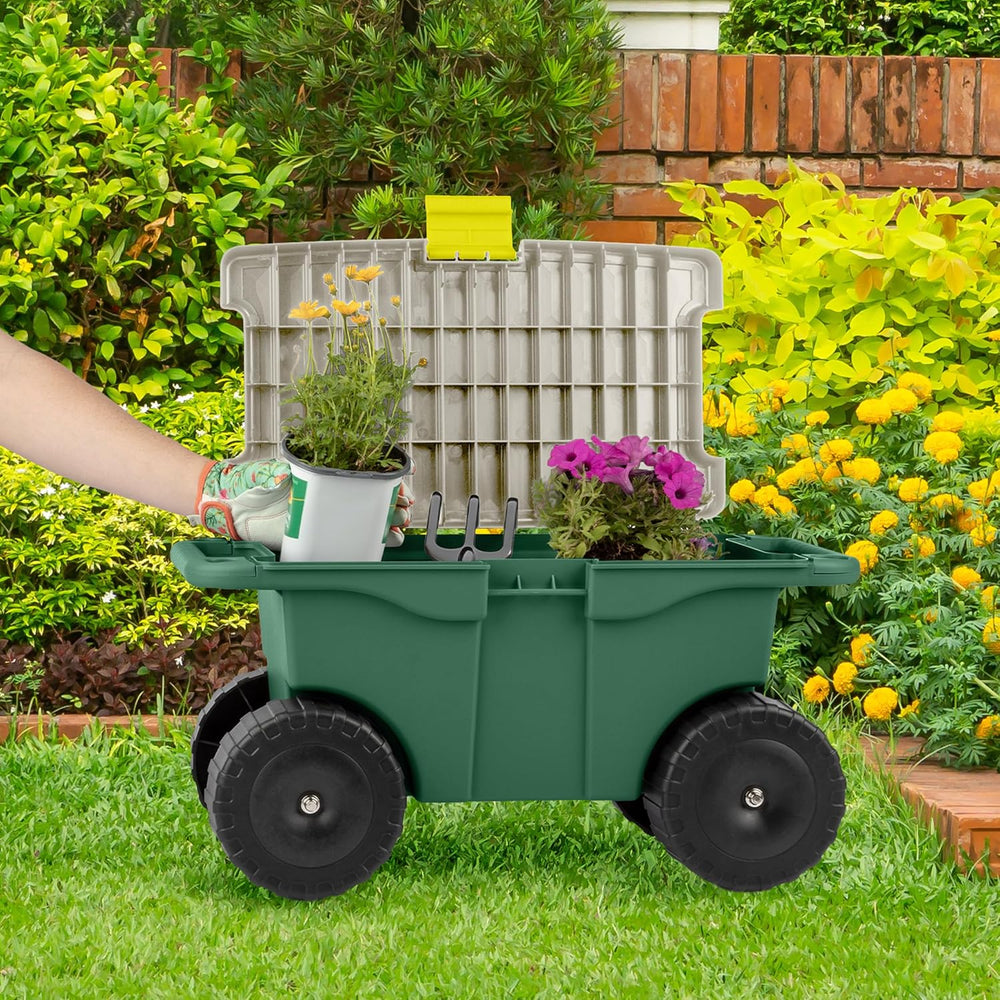 Rolling Garden Cart with Seat - Plastic Storage with Bench and Interior Tool ...