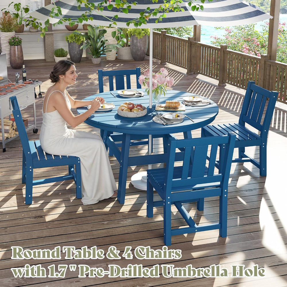 AMERLIFE Outdoor Dining Set for 4, HDPE Round Table and Chairs, Blue