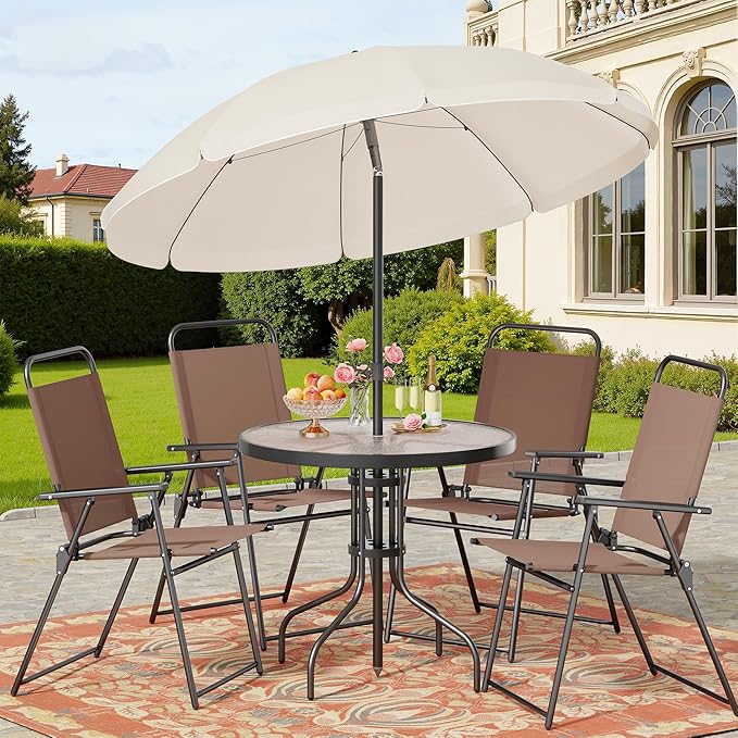 Shintenchi 6 Piece Patio Dining Set with Umbrella, Outdoor Furniture Set with...
