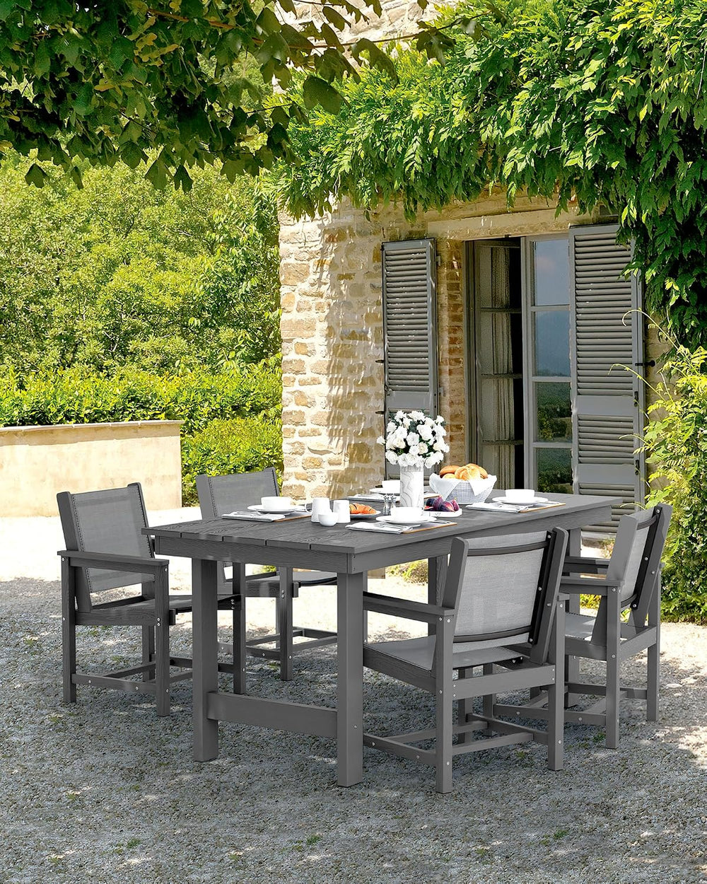 SERWALL 7 Pcs HDPE Patio Dining Set, HDPE Dining Set for 6, Gray