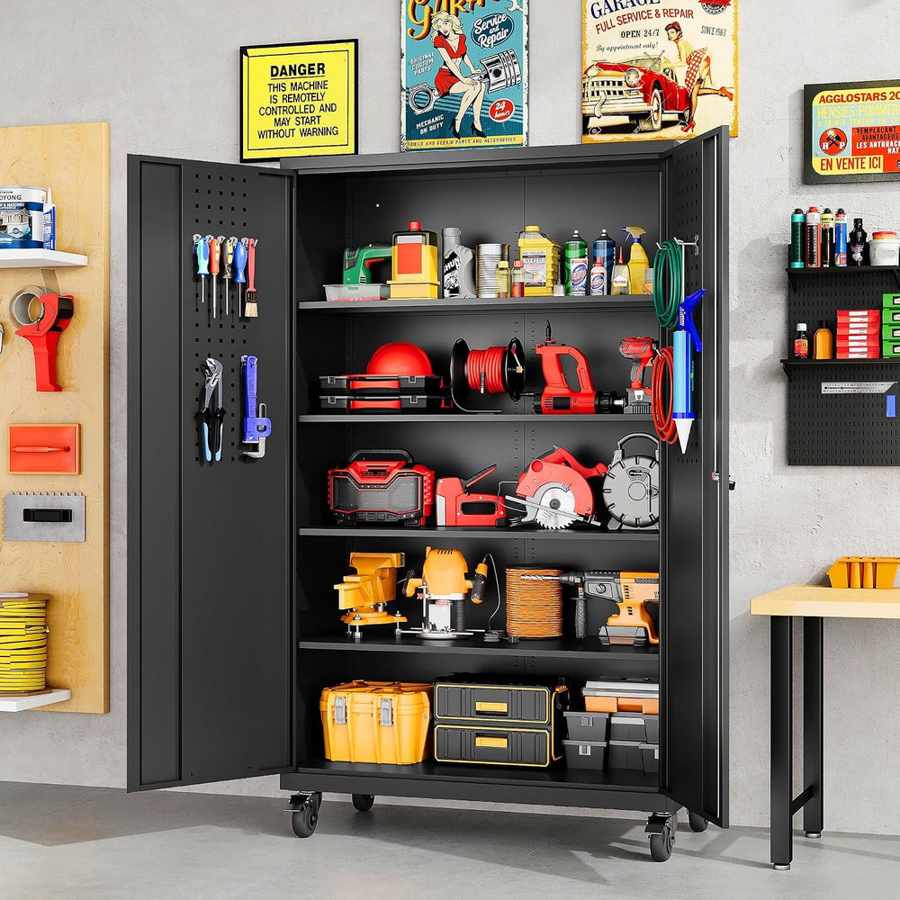 Wide & Deep Metal Storage Cabinet with Wheels,Tall Rolling Garage Storage...