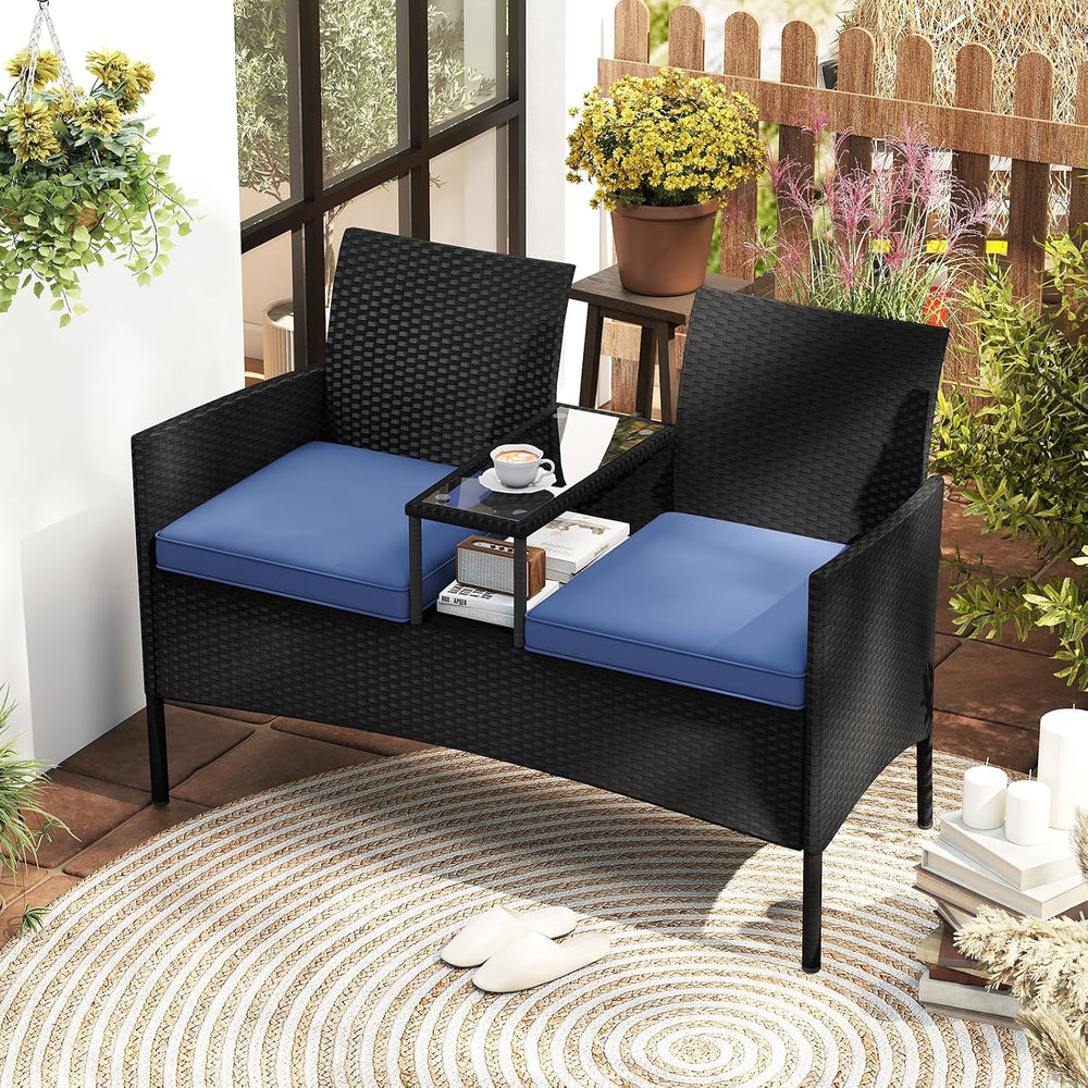 Tangkula Patio Loveseat with Built-in Table, Wicker 2-Seat Furniture with Sof...
