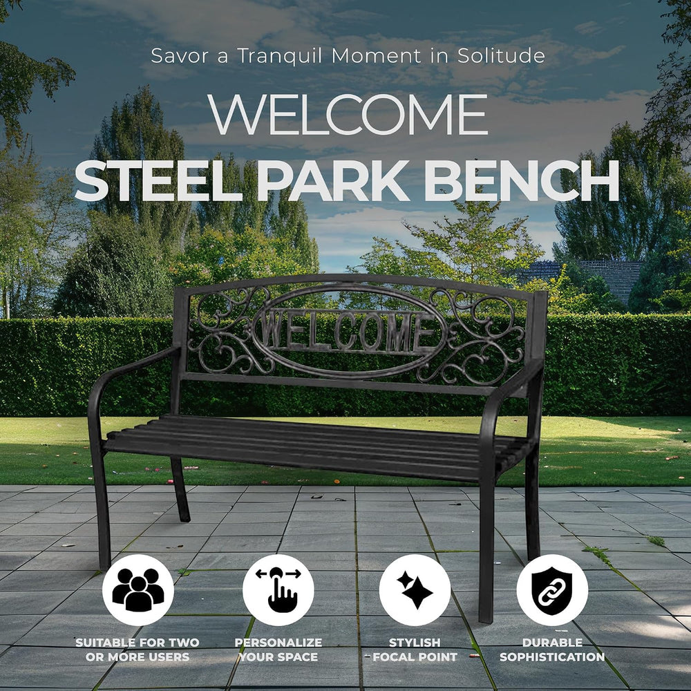 Four Seasons Courtyard Welcome Outdoor Park Bench Powder Coated Steel Frame F...