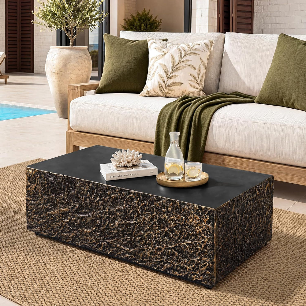 40" Rectangle Outdoor Coffee Table, Travertine Look, Bronze