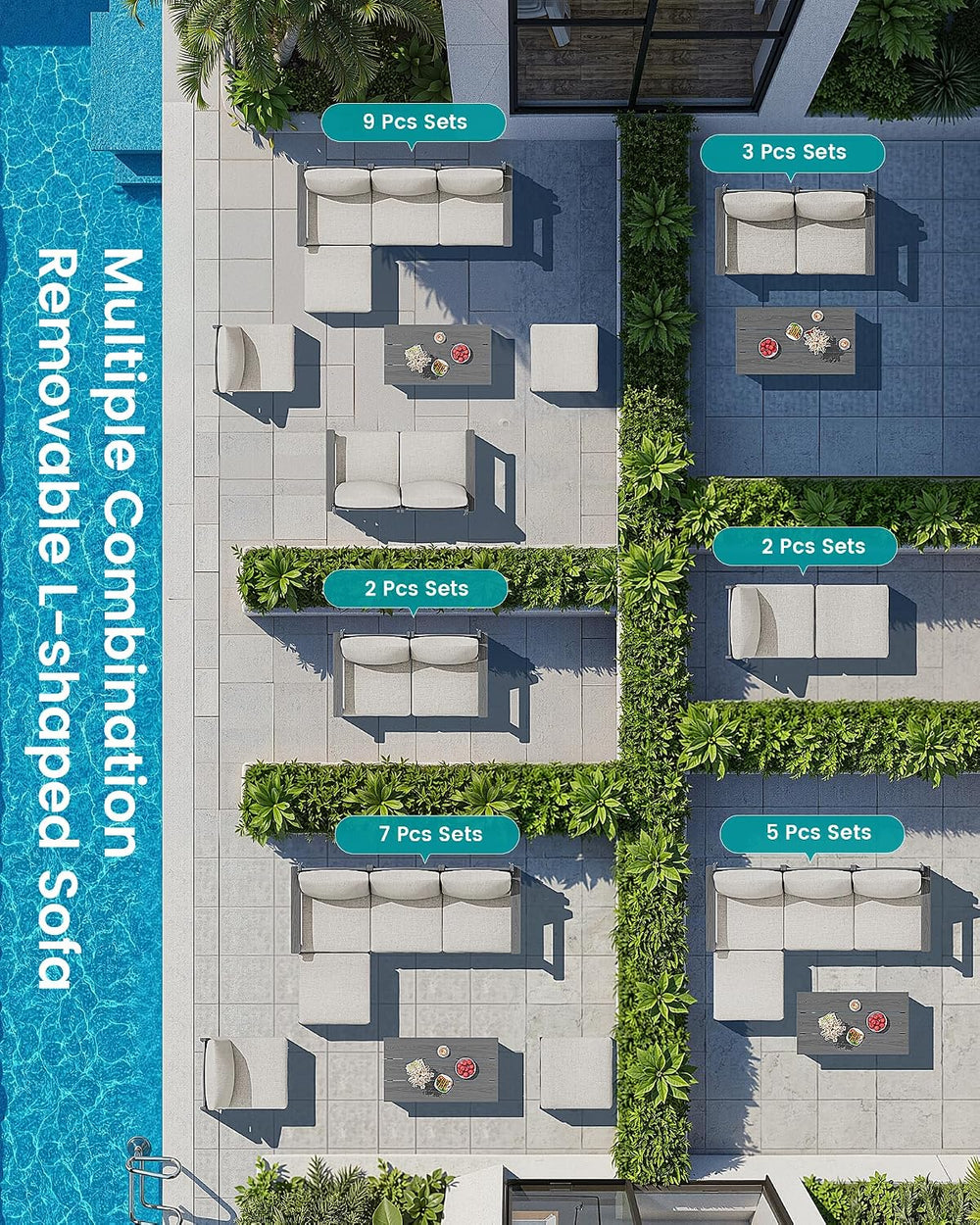 SERWALL 5 Piece Patio Sofas, Outdoor Sectional Sofa with Coffee Table, Grey