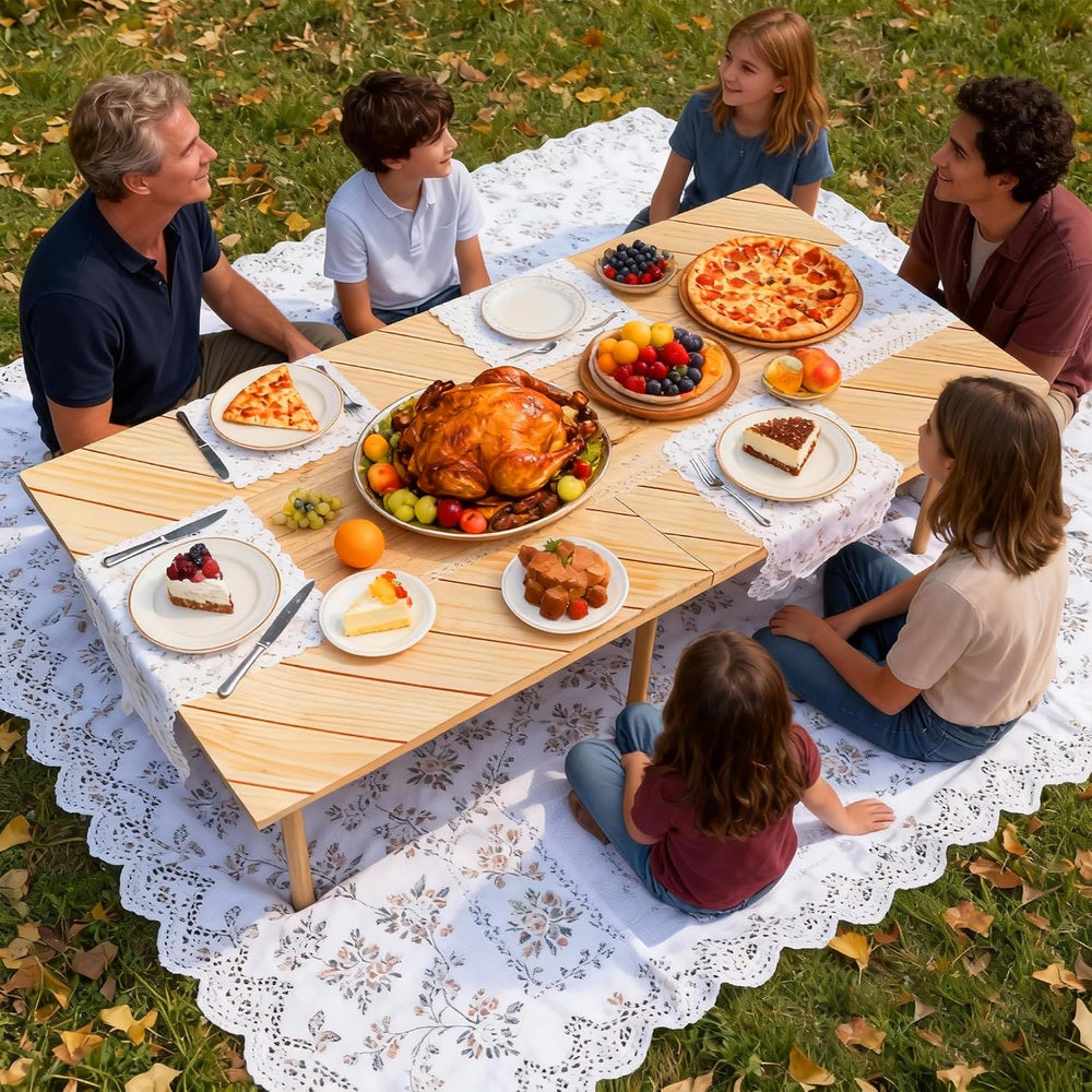 Folding Picnic Table with Boho Table Runner 60" x 30" Wooden Low Ta...