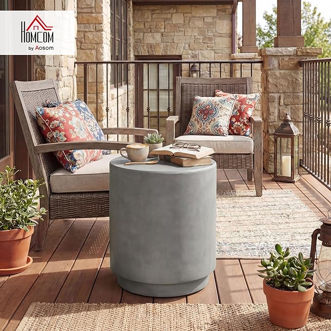 HOMCOM Outdoor Side Table, Round Small End Table with Concrete Finish for Ind...