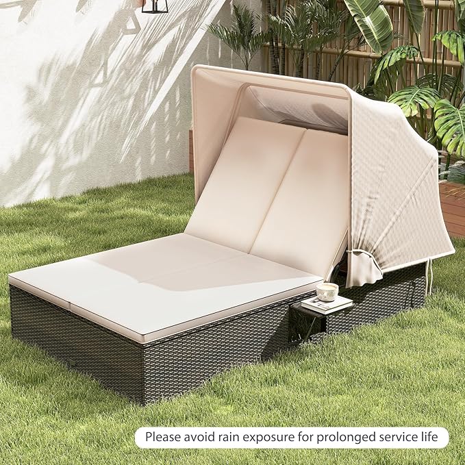 RELAX4LIFE Outdoor Daybed with Retractable Canopy - Wicker Double Chaise Loun...