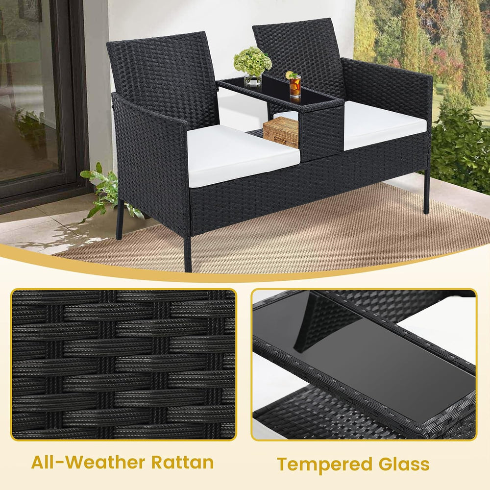 Kromax Wicker 2 Seat Patio Loveseat, Outdoor Rattan Loveseat with Table