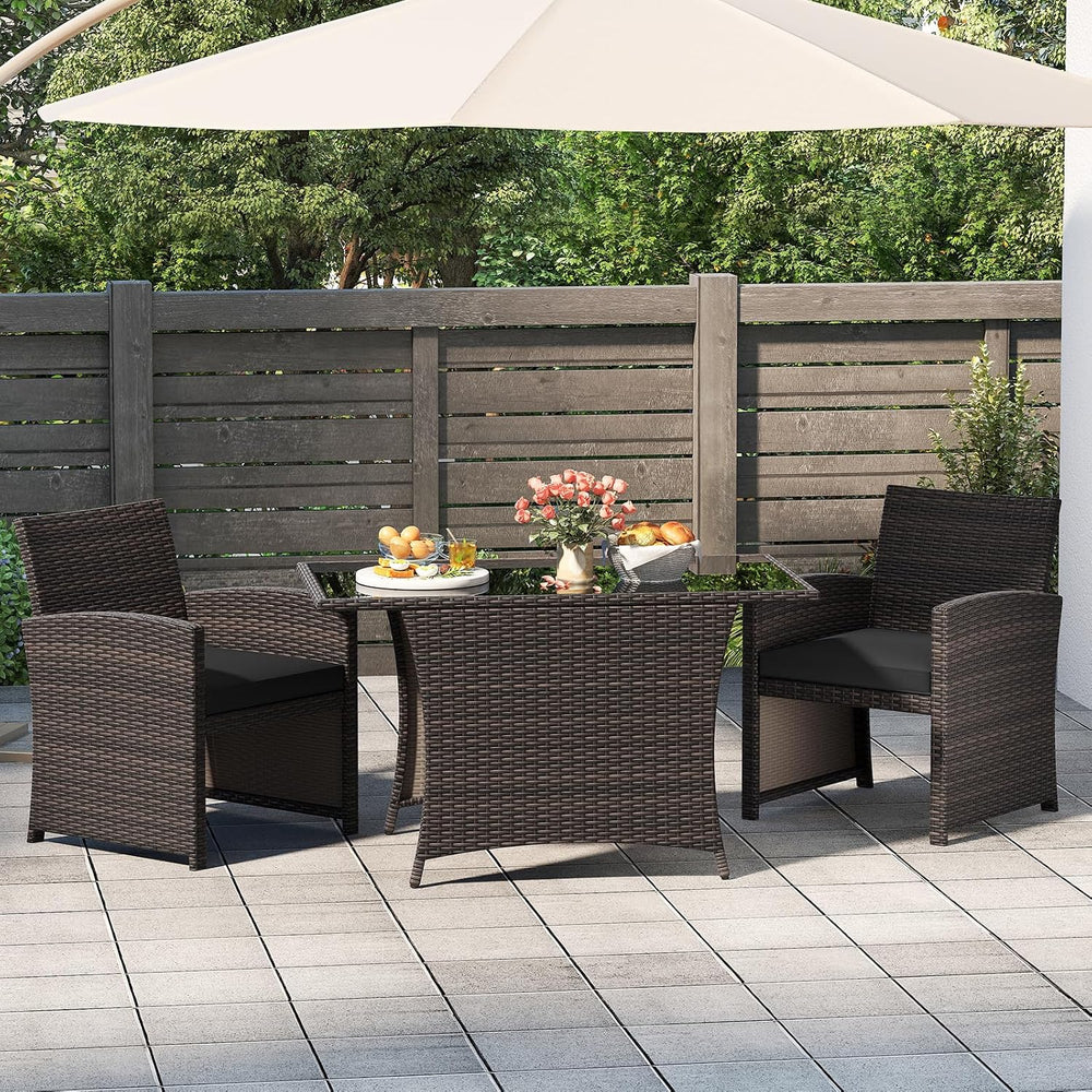 Tangkula 3 Piece Patio Wicker Dining Set, 2 Rattan Chairs with Rectangle Temp...