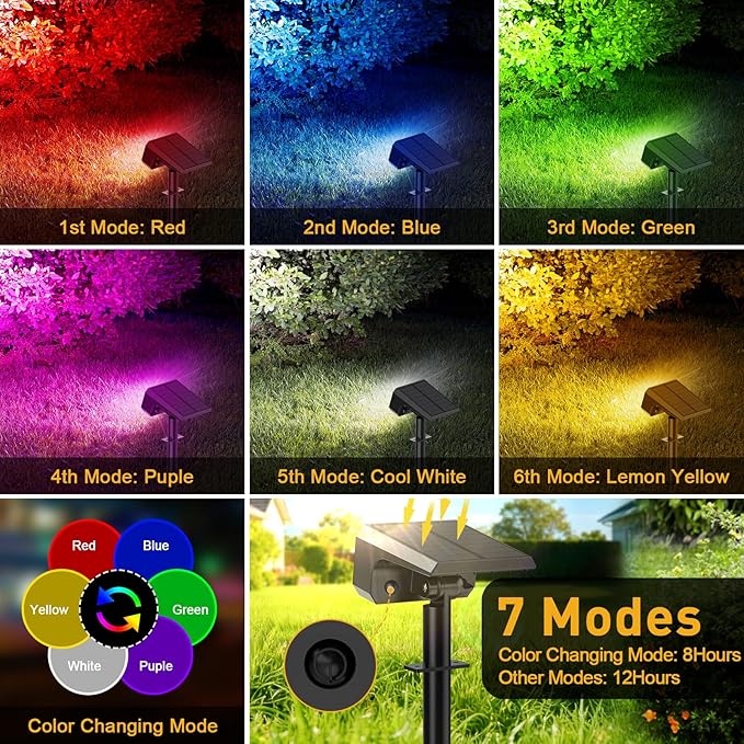 Solar Color Changing Spot Lights Outdoor Waterproof IP65, [8 Pack/32 LED/7 Mo...