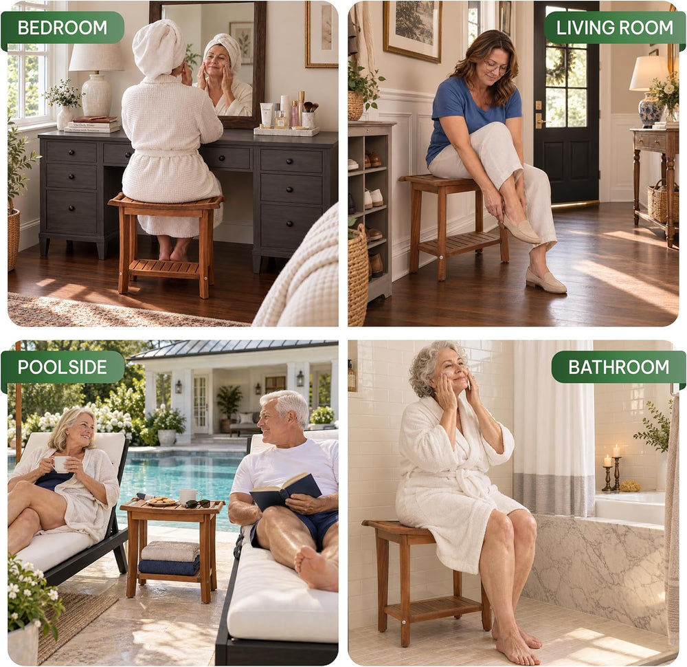 Solid Wood Shower Bench, Shower Stool Chair, Waterproof Non-Slip, Honey Oak