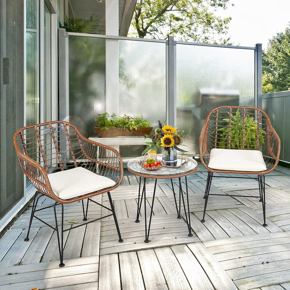 Tangkula 3 Pieces Patio Conversation Bistro Set, Outdoor Wicker Furniture w/R...