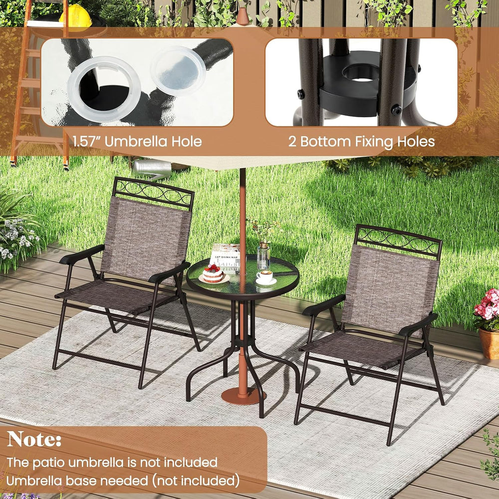 HAPPYGRILL 3 Pieces Patio Dining Set with Round Glass Table, Folding Chairs, ...