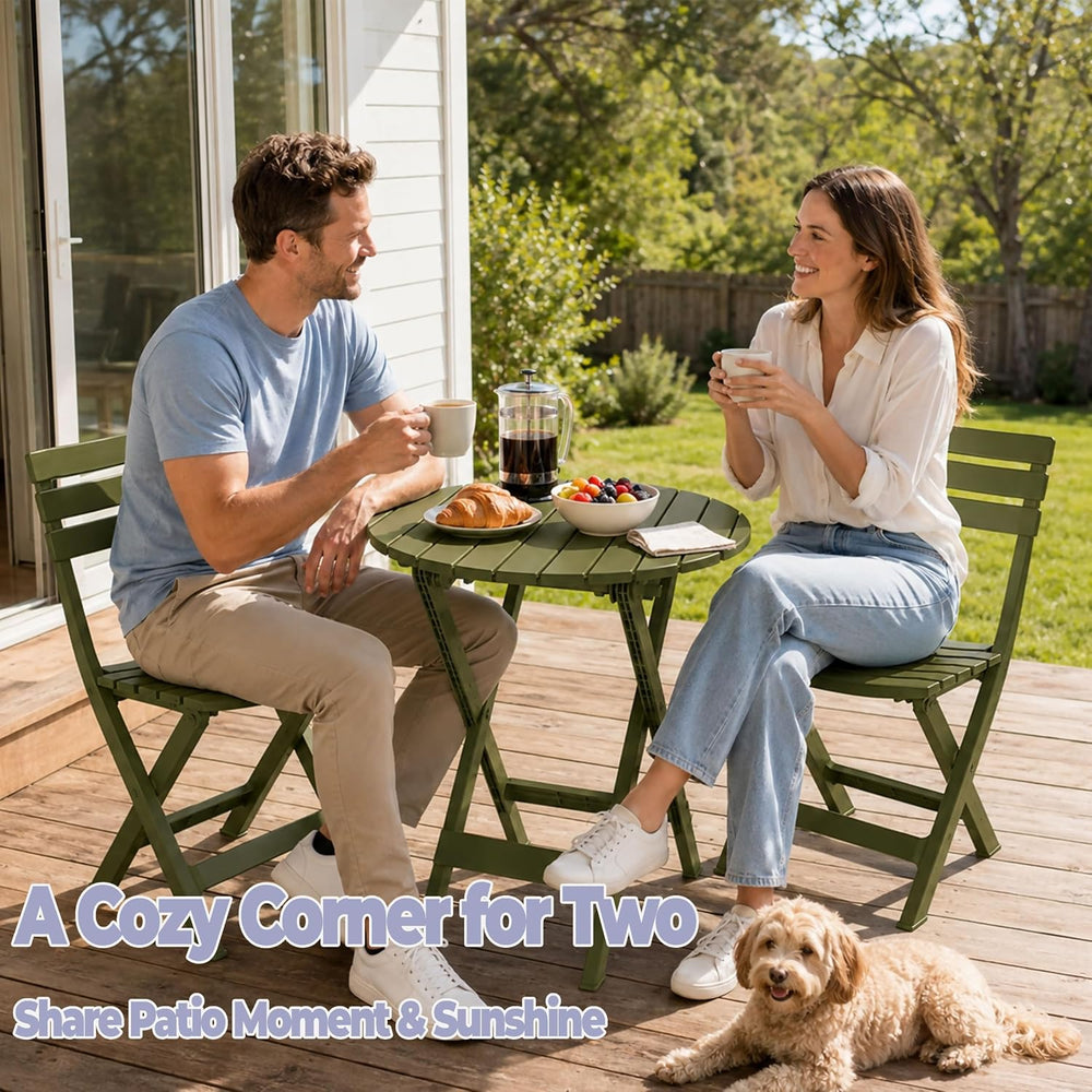 3 Piece Outdoor Bistro Set, Round Folding Patio Table and 2 Chairs, Green