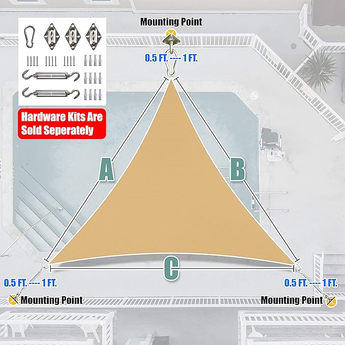 Amgo 22' x 22' x 22' Sand Beige Triangle Sun Shade Sail UPF50+ Ca...