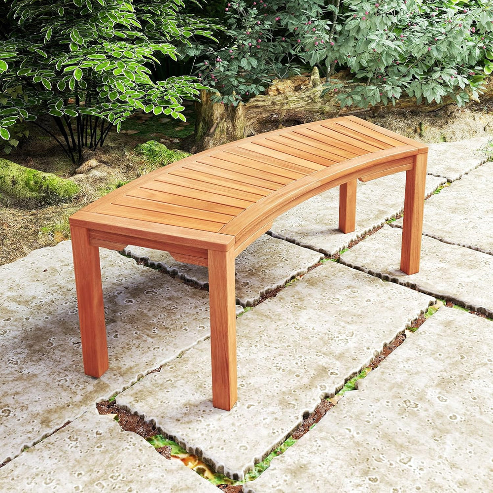 Moccha Outdoor Curved Bench, Acacia Wood Fire Pit Bench w/Slatted Seat, Loves...