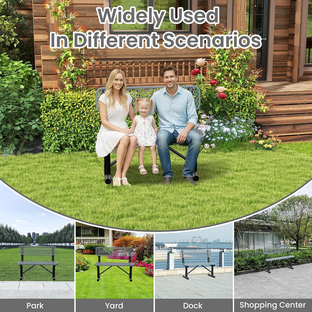 4ft Gray Metal Park Bench with Backrest, Heavy Duty Outdoor Benches Weatherpr...