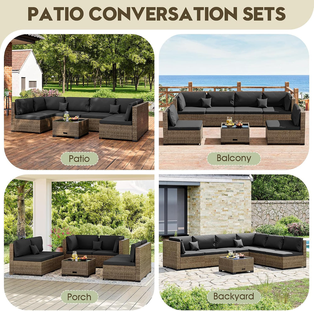 LHBcraft 7 Piece Outside Sectional Furniture Set, All Weather Wicker Patio So...