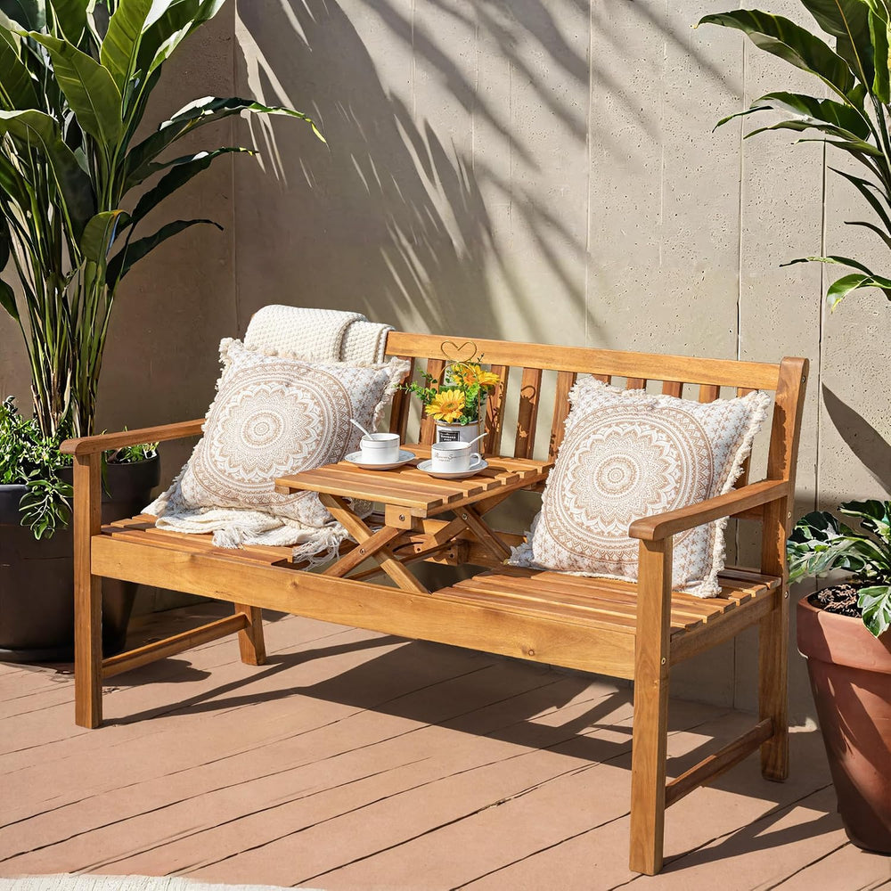 Greesum Patio Loveseat Acacia Furniture Conversation Set w/Foldable Small Tab...
