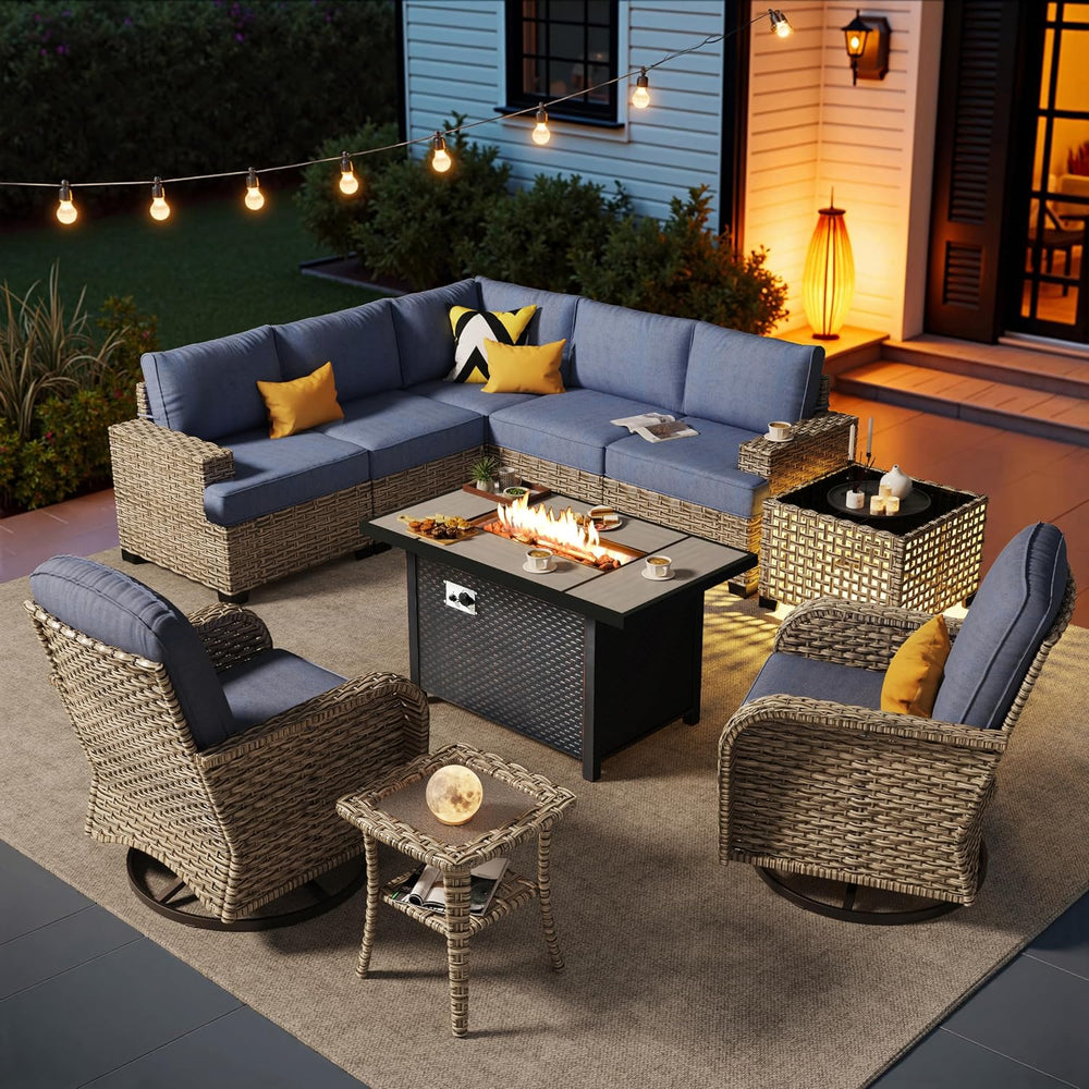 HOOOWOOO Sectional Patio Furniture Set With Fire Pit Table,10 Pieces Wicker O...