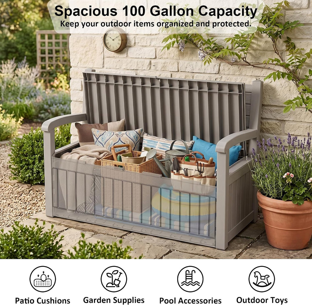 100 Gallon Outdoor Storage Bench,Waterproof Resin Deck Box with Seat Grey