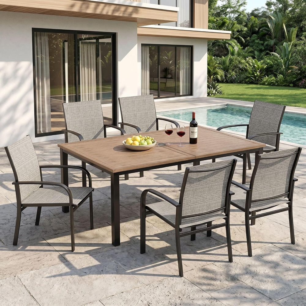 7pc Outdoor Patio Dining Set, Wood-Look Metal Table, Brown