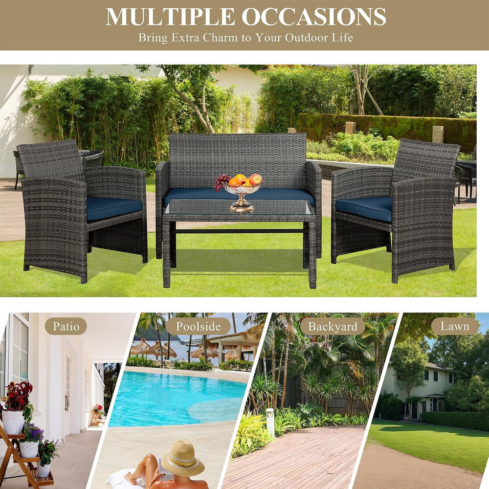 JAMFLY 4 Piece Outdoor Patio Furniture Set, Outdoor Wicker Rattan Chairs Conv...
