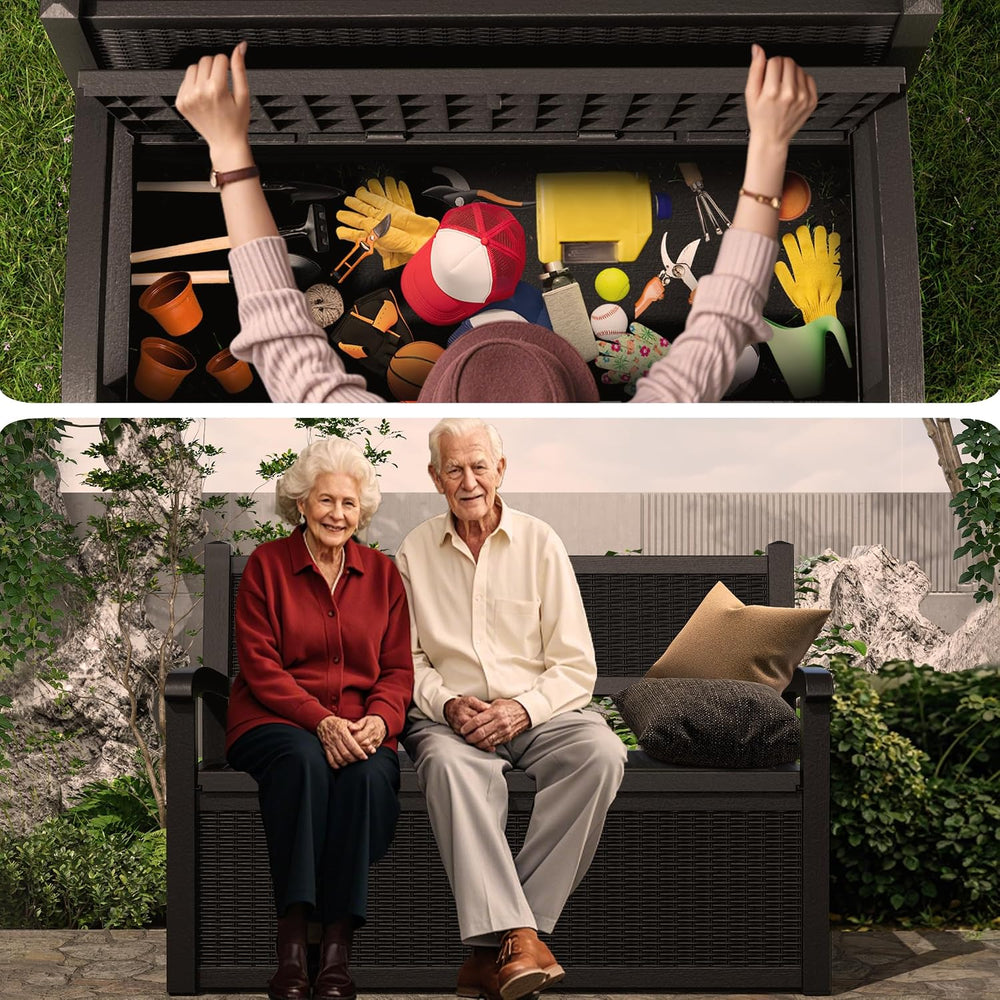 PatioZen 80 Gallon Outdoor Storage Bench Deck Box, Black