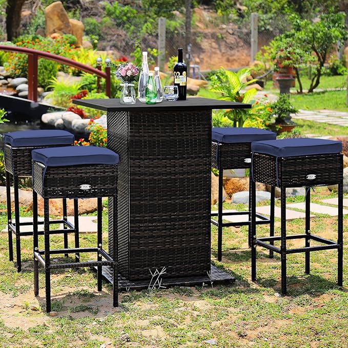 Tangkula 5 Piece Outdoor Rattan Bar Set, Patio Bar Furniture with 4 Cushions ...
