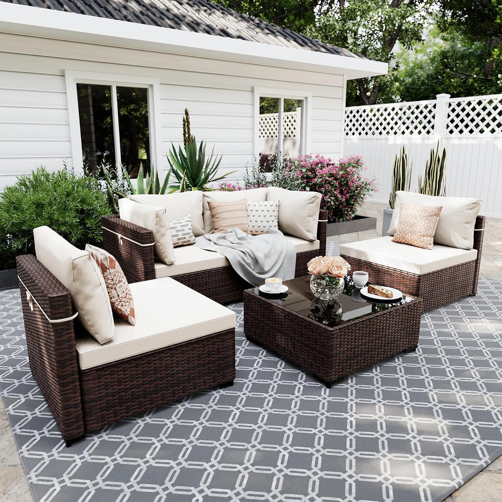 UPHA 5-Piece Wicker Patio Furniture Set with Coffee Table, White