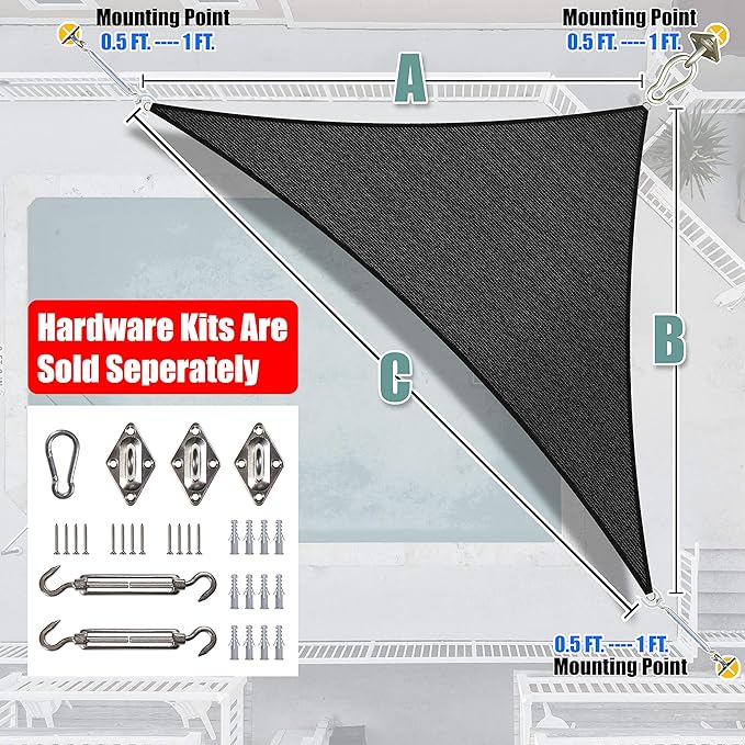 Amgo Custom Size 8' x 8' x 11.3' Black Right Triangle Sun Shade S...
