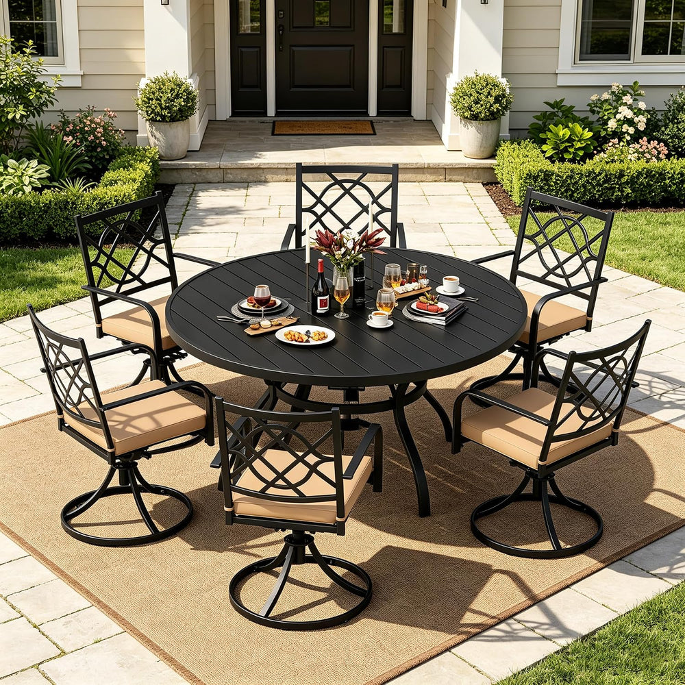 7-Piece Outdoor Dining Set Metal Swivel Cushioned Chairs Patio Furniture Sets...