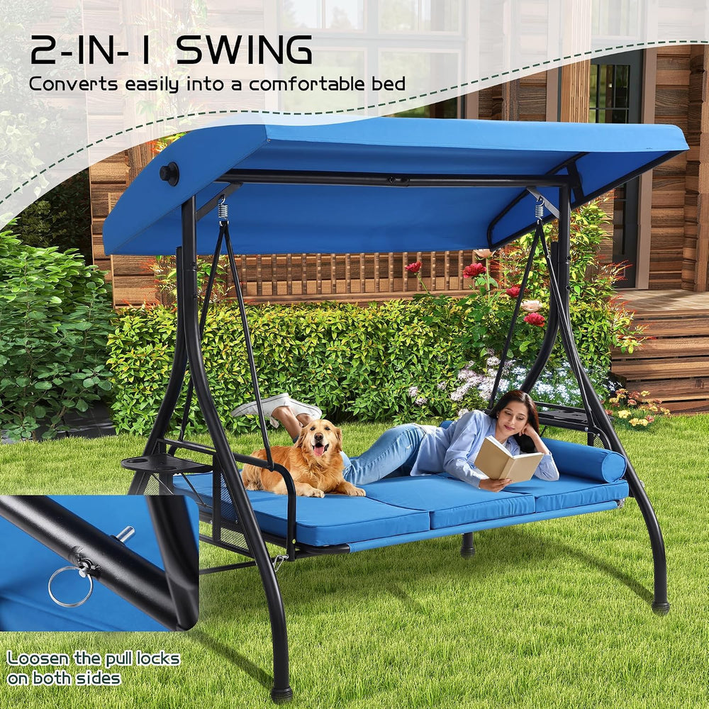 3 Seat Outdoor Patio Swing with Stand, 3-in-1 Porch Swing with Adjustable Can...
