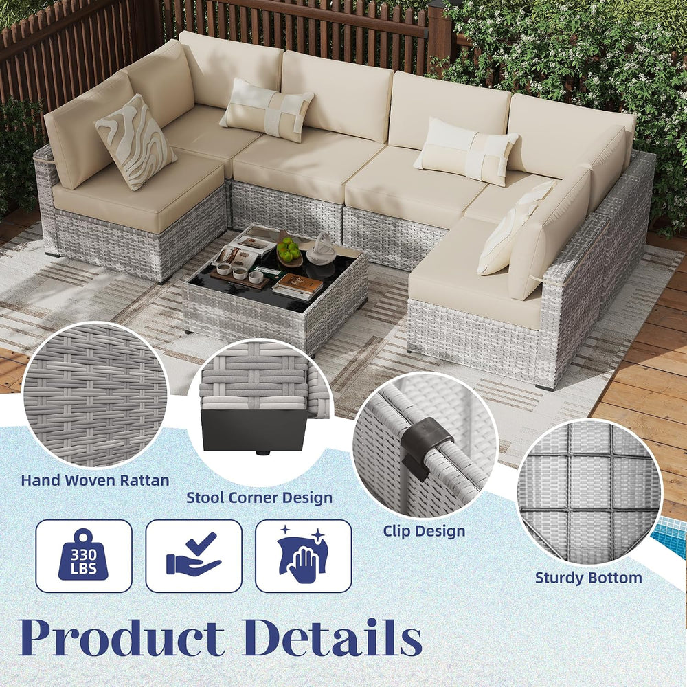KIGOTY 7-Piece Patio Furniture Set, All-Weather PE Rattan Outdoor Sectional S...