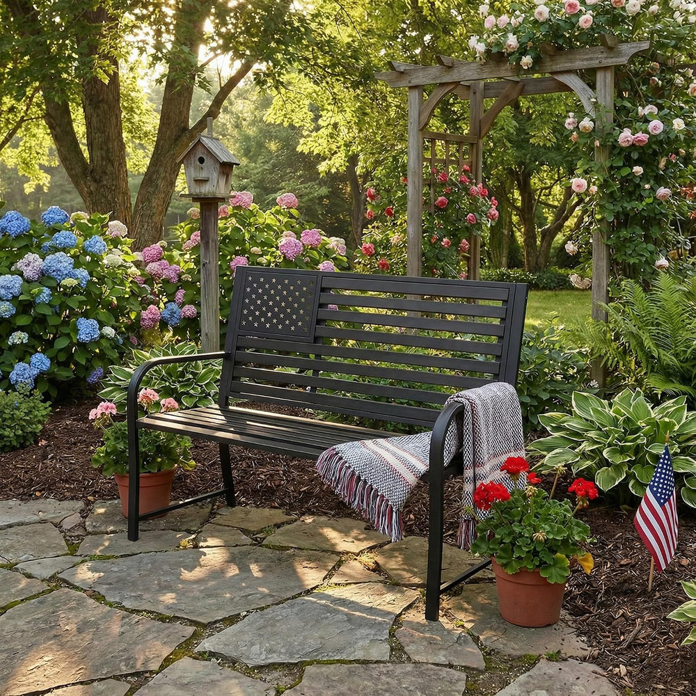 50" Garden Bench Outdoor Bench with American Flag Style, Cast Iron Metal...