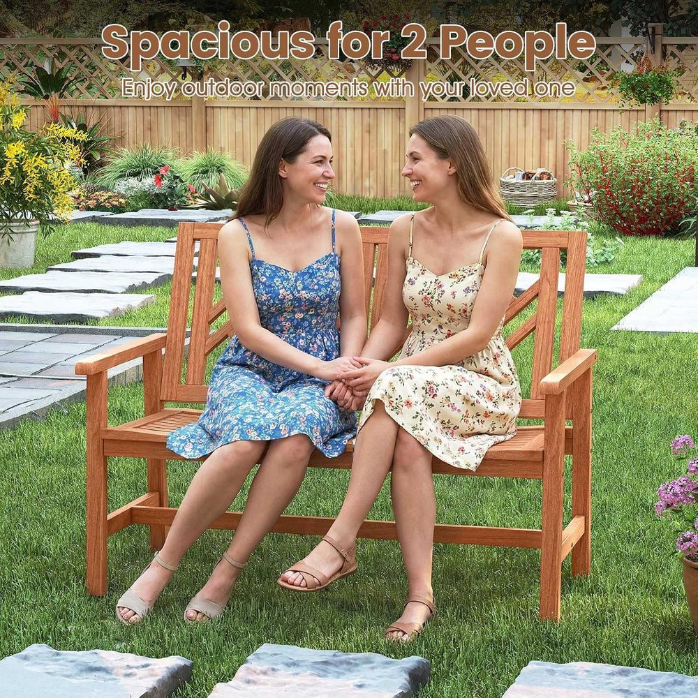 Tangkula Outdoor Wood Bench, 2-Person Patio Loveseat Chair with Geometric Bac...