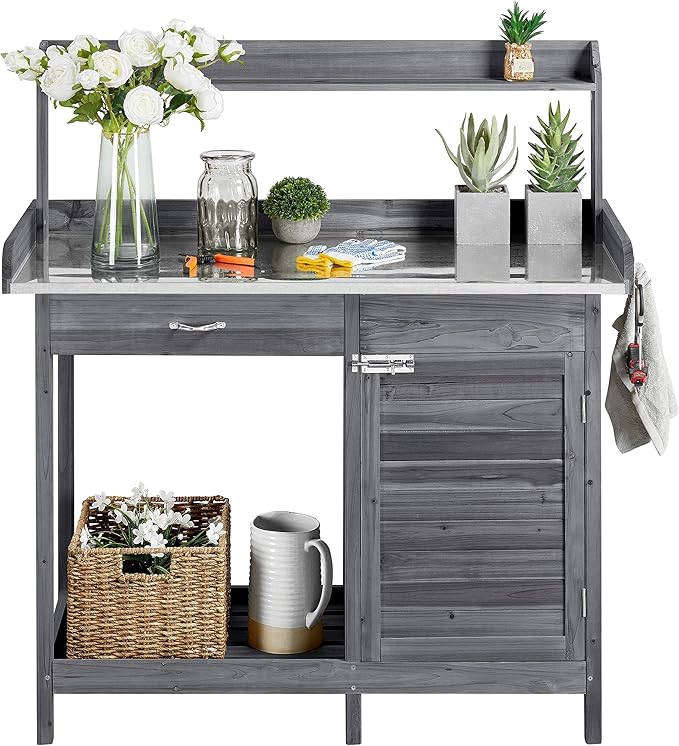 Yaheetech Outdoor Potting Bench Table, Garden Workstation w/Metal Tabletop/Ca...