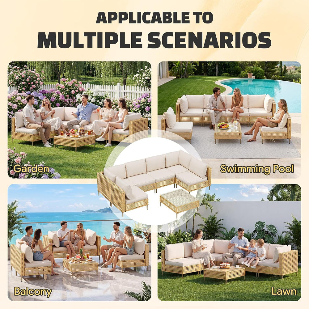 7-Piece Outdoor Furniture Set, Handmade Rattan Patio Furniture Set, Outdoor S...