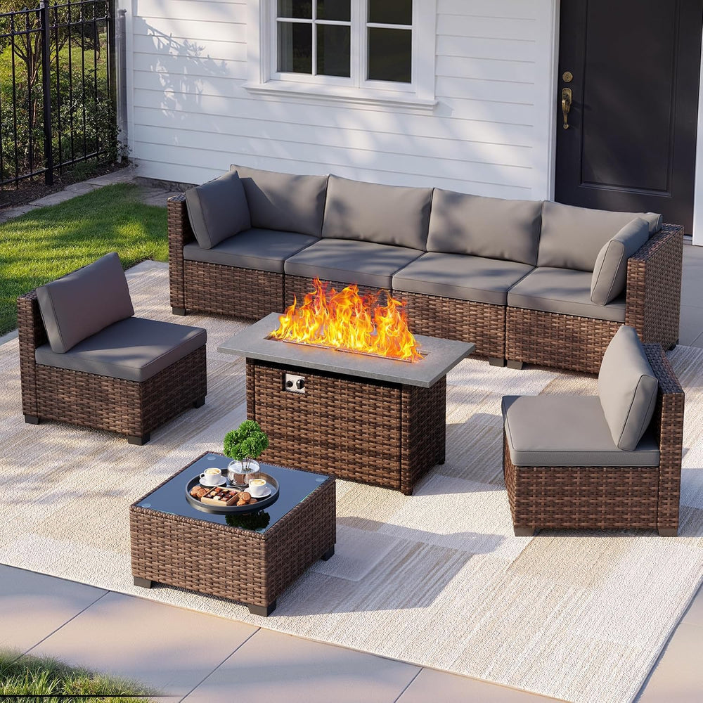 Qsun 8 Pieces Outdoor Patio Furniture Set with 44.9" Fire Pit Table, All...