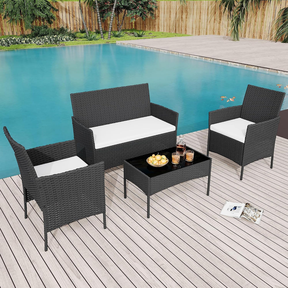 4-Piece Outdoor Patio Furniture Set, Wicker Furniture with Coffee Table, Mode...