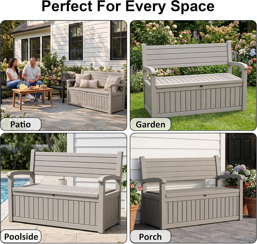 100 Gallon Outdoor Storage Bench,Waterproof Resin Deck Box with Seat Grey