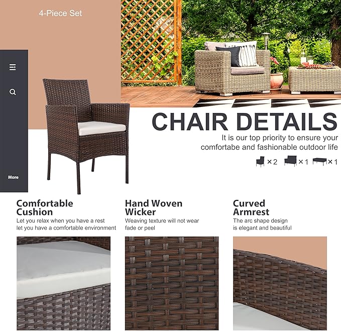Shintenchi 4 Piece Outdoor Patio Furniture Set, Wicker Rattan Patio Conversat...