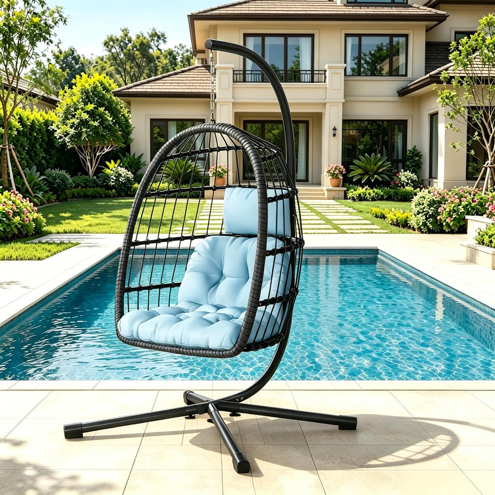 Hanging Egg Chair with Stand, Patio Rattan Wicker Swing Chair, Oversized Hamm...