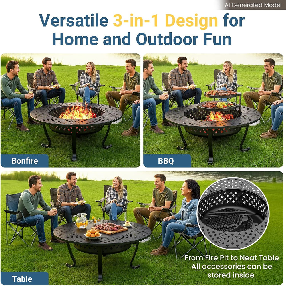 43" Large Fire Pit for Outside with 2 Adjustable Grills,Lid & Fire P...
