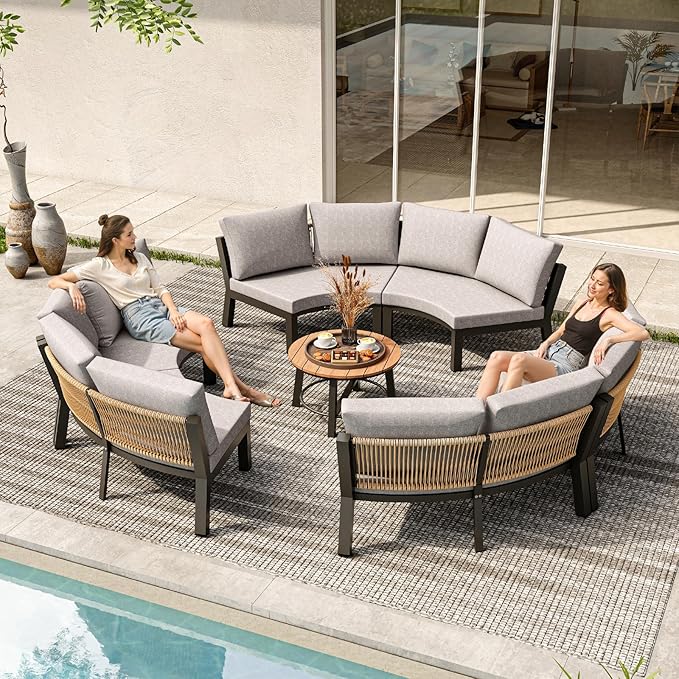 Outdoor Patio Sectional Modular Sofa, Aluminum 1 Piece Curved Patio Couch wit...