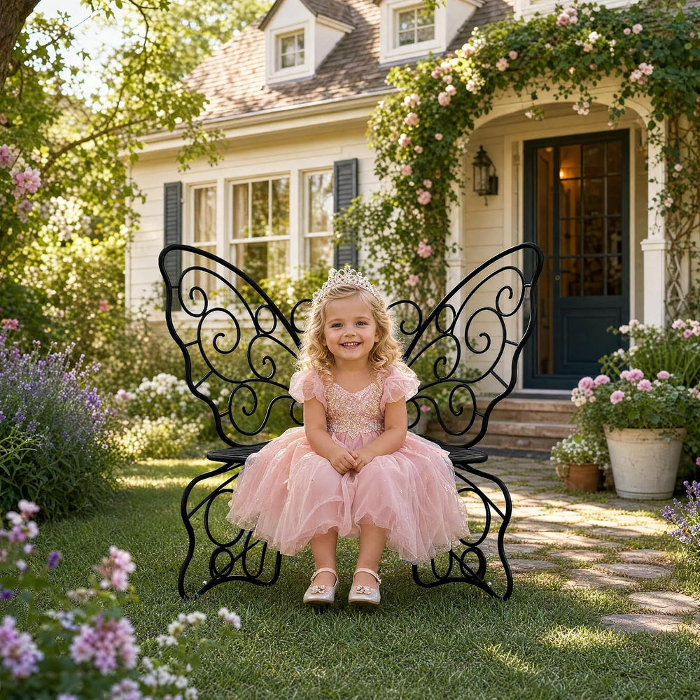 36 Inch Small Butterfly Bench, Cute Metal Outdoor Benches, Black