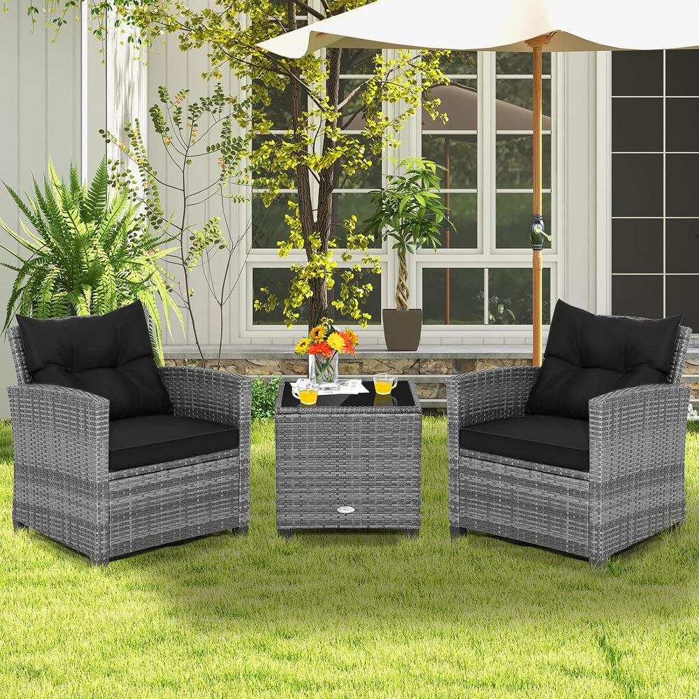 COSTWAY 3PCS Wicker Patio Furniture Set with Cushions for Balcony and Porch